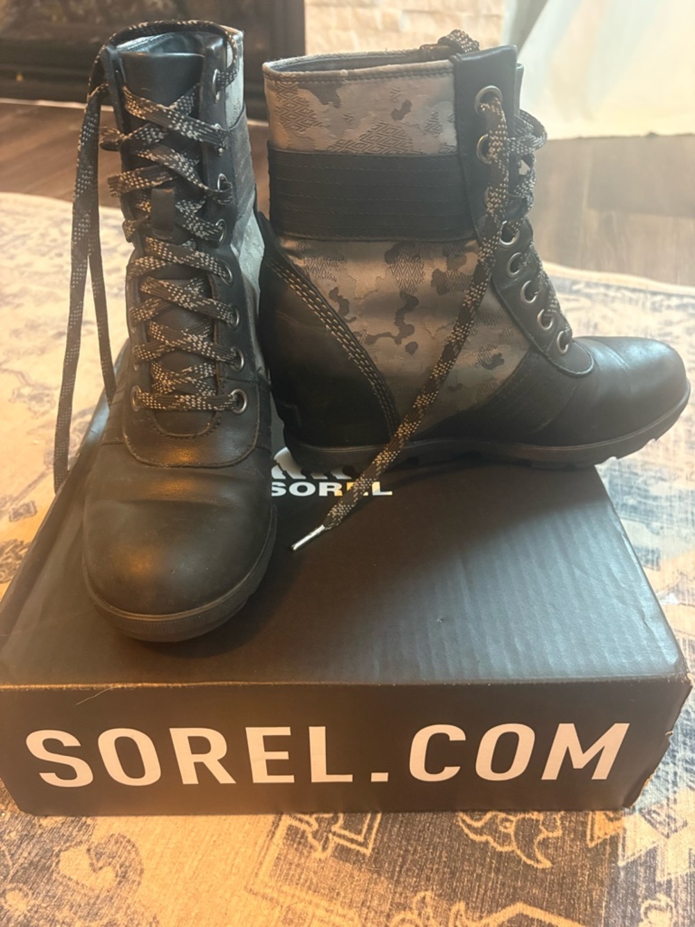Sorel Women's Black Lace-Up Combat Boots with Gray Camo Panels